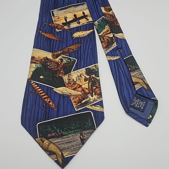 Eddie Bauer Novelty Tie Mens Fly Fishing Blue Silk USA Vintage 59.3" - Picture 2 of 5